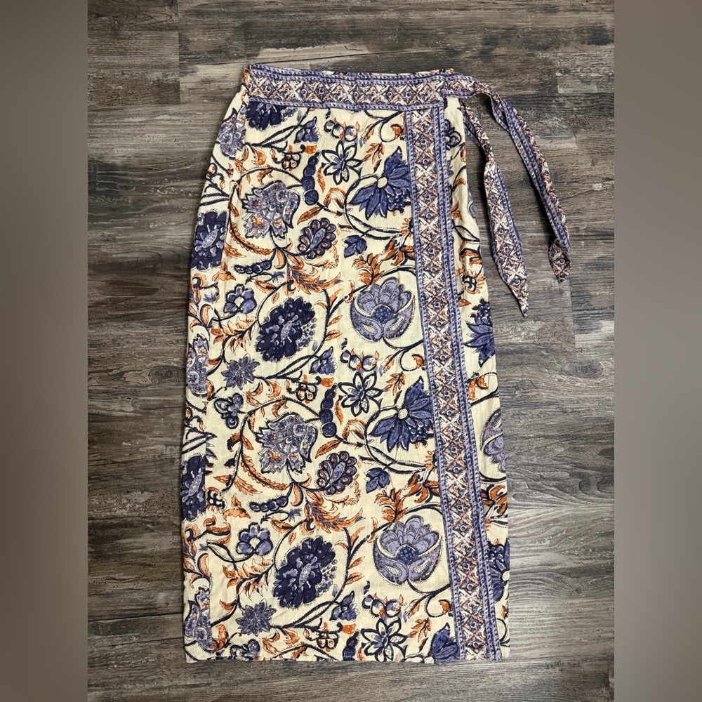 Nicole Miller Women’s Cream Blue Orange Linen Blend Floral Wrap Skirt Size XS